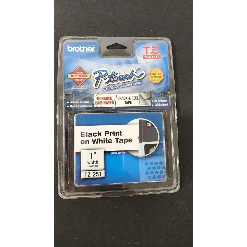 GENUINE BROTHER P TOUCH TZ 251 LABELING TAPE BLACK INK ON WHITE 1 INCH 1